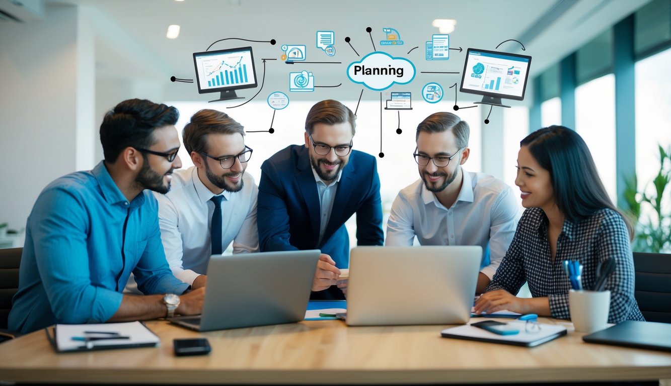 A virtual team collaborating on succession planning tools and software, brainstorming and utilizing various resources