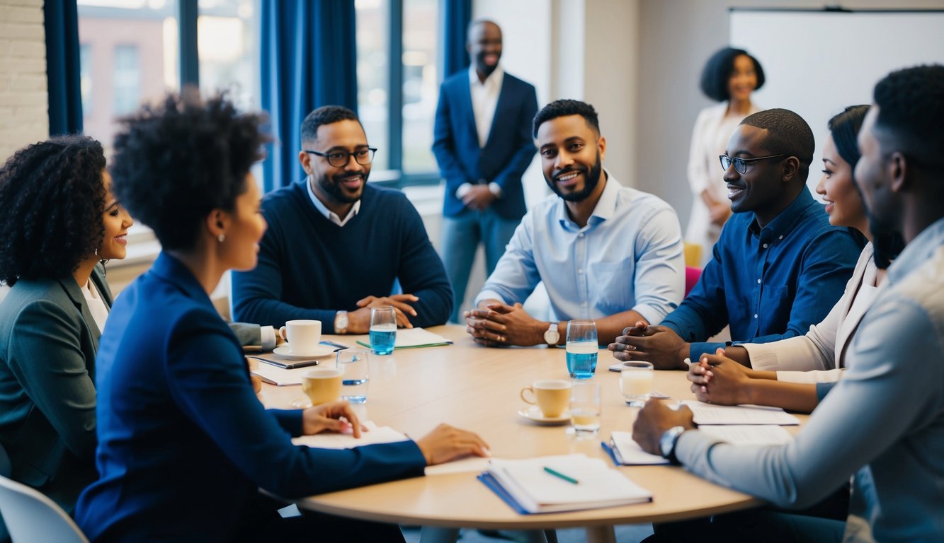 A diverse group of people gathered around a table, engaged in open and supportive conversation. The leader listens attentively, fostering a safe and inclusive environment