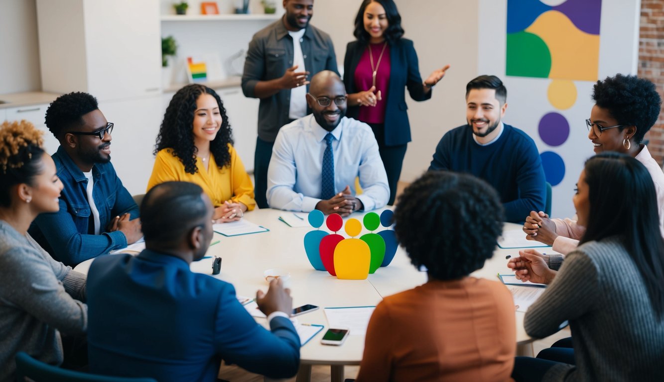 A diverse group of people from different cultural backgrounds gathered around a table, engaged in a discussion. The atmosphere is welcoming and inclusive, with symbols of mental health awareness present in the environment