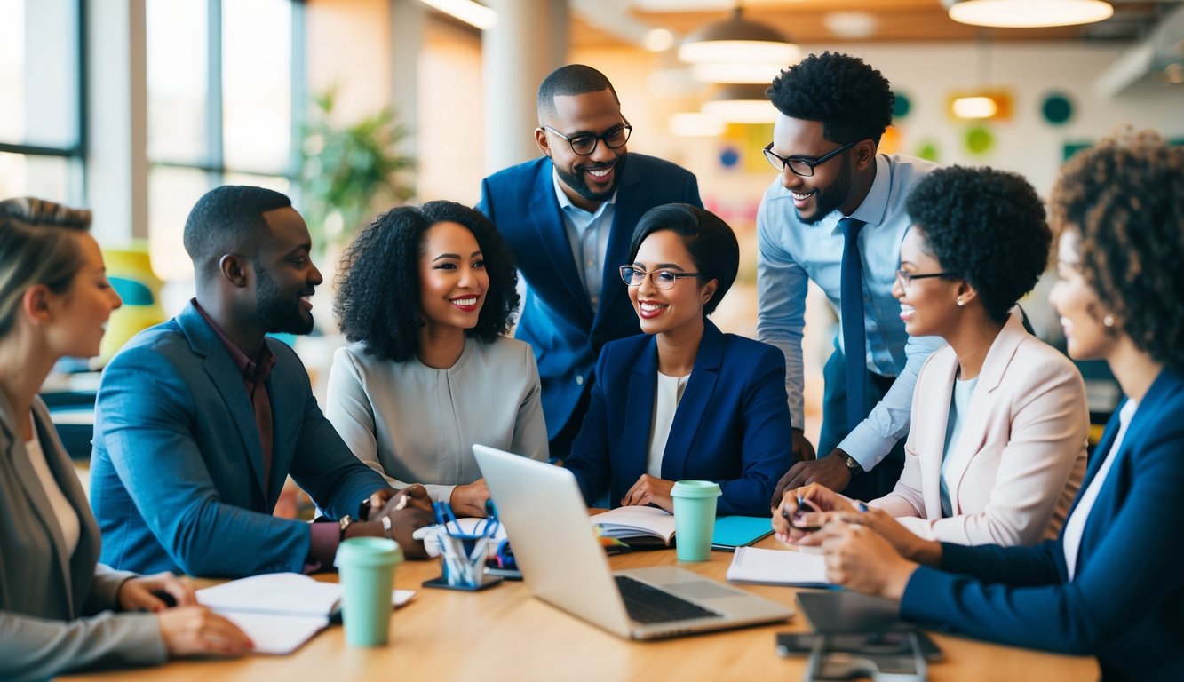A diverse team collaborating in a vibrant, multicultural environment, with a focus on mental health awareness and effective leadership strategies