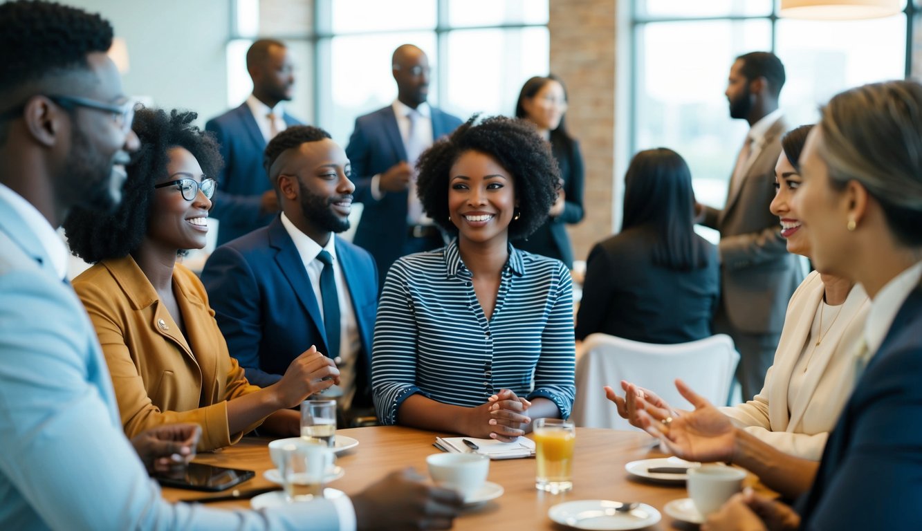 A group of diverse individuals engage in meaningful conversations at a networking event. The atmosphere is relaxed and supportive, with a focus on building genuine connections