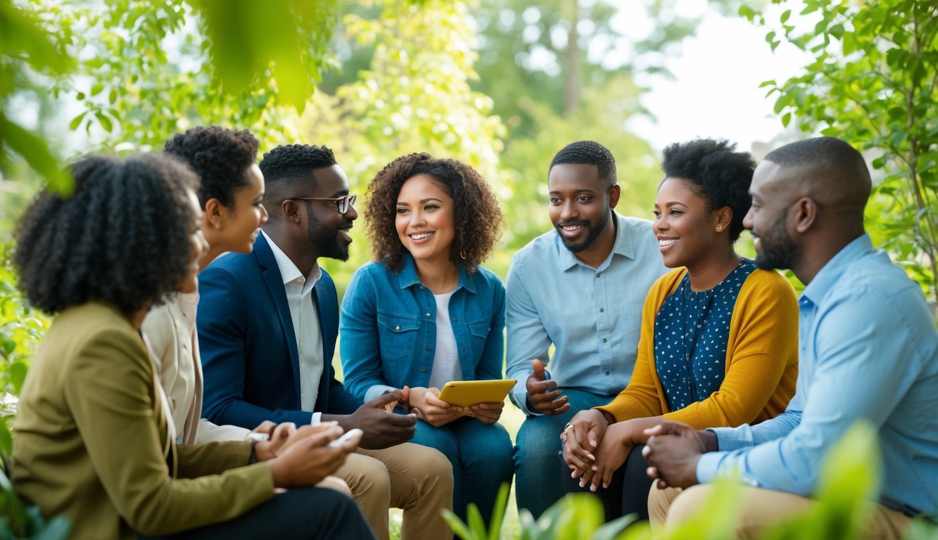 A group of diverse individuals engage in open and supportive conversations, surrounded by greenery and natural light