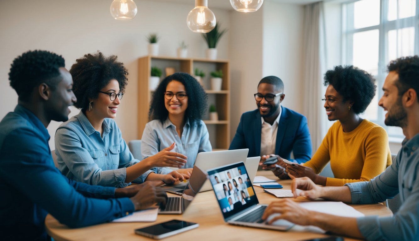 A group of diverse individuals engage in a virtual meeting, exchanging ideas and support in a safe and welcoming online environment