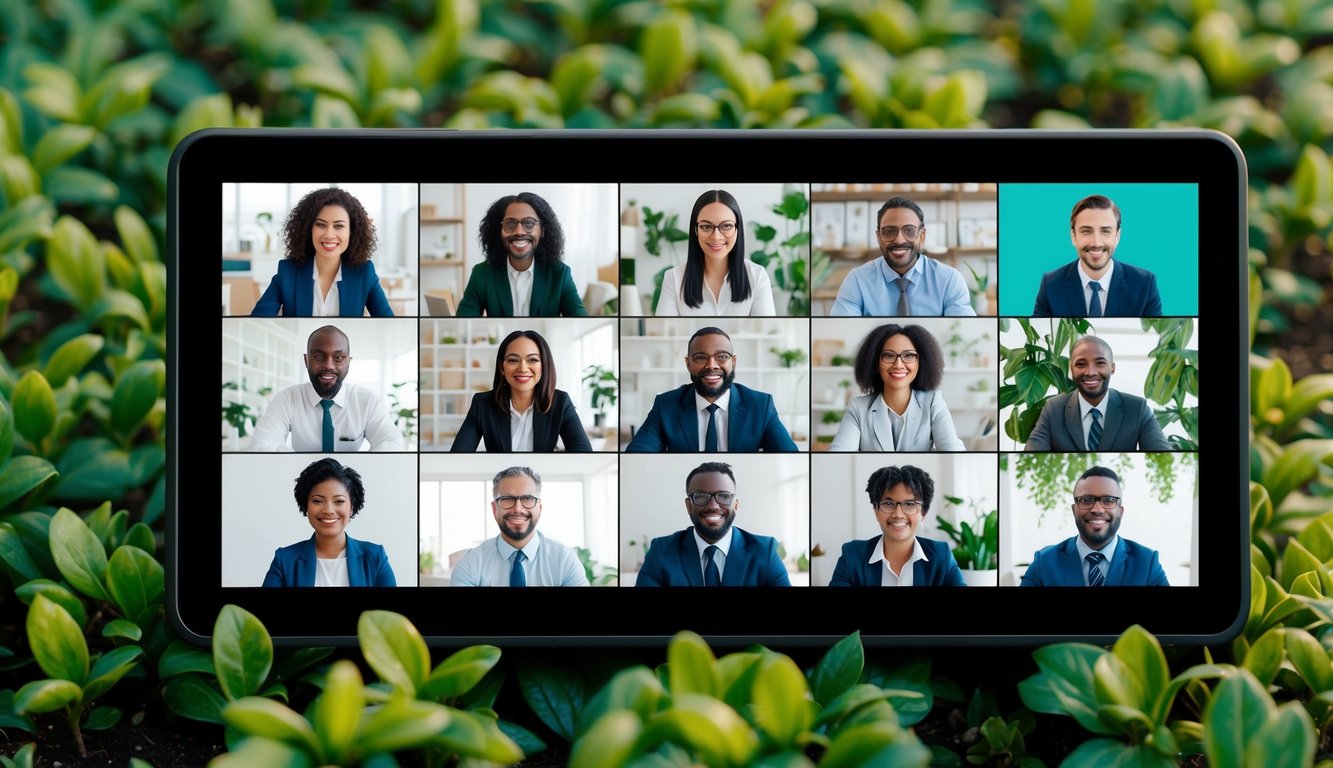 A group of diverse professionals engage in a virtual meeting, surrounded by greenery and natural elements, symbolizing a focus on mental health and sustainable business practices