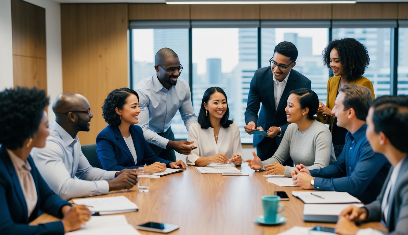 A diverse group of individuals engaged in a dynamic, interactive leadership training session, exchanging ideas and collaborating across cultures