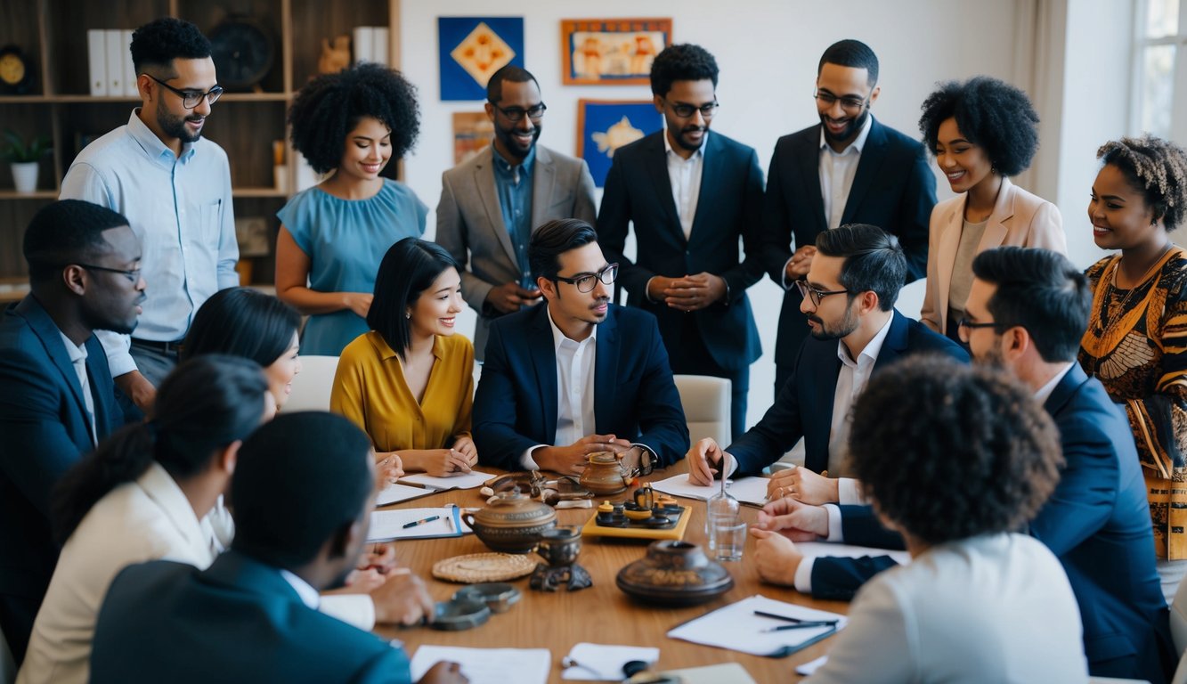 A group of diverse individuals gather around a table, engaged in deep discussion and collaboration. The room is filled with cultural artifacts and symbols, representing a rich blend of backgrounds and perspectives