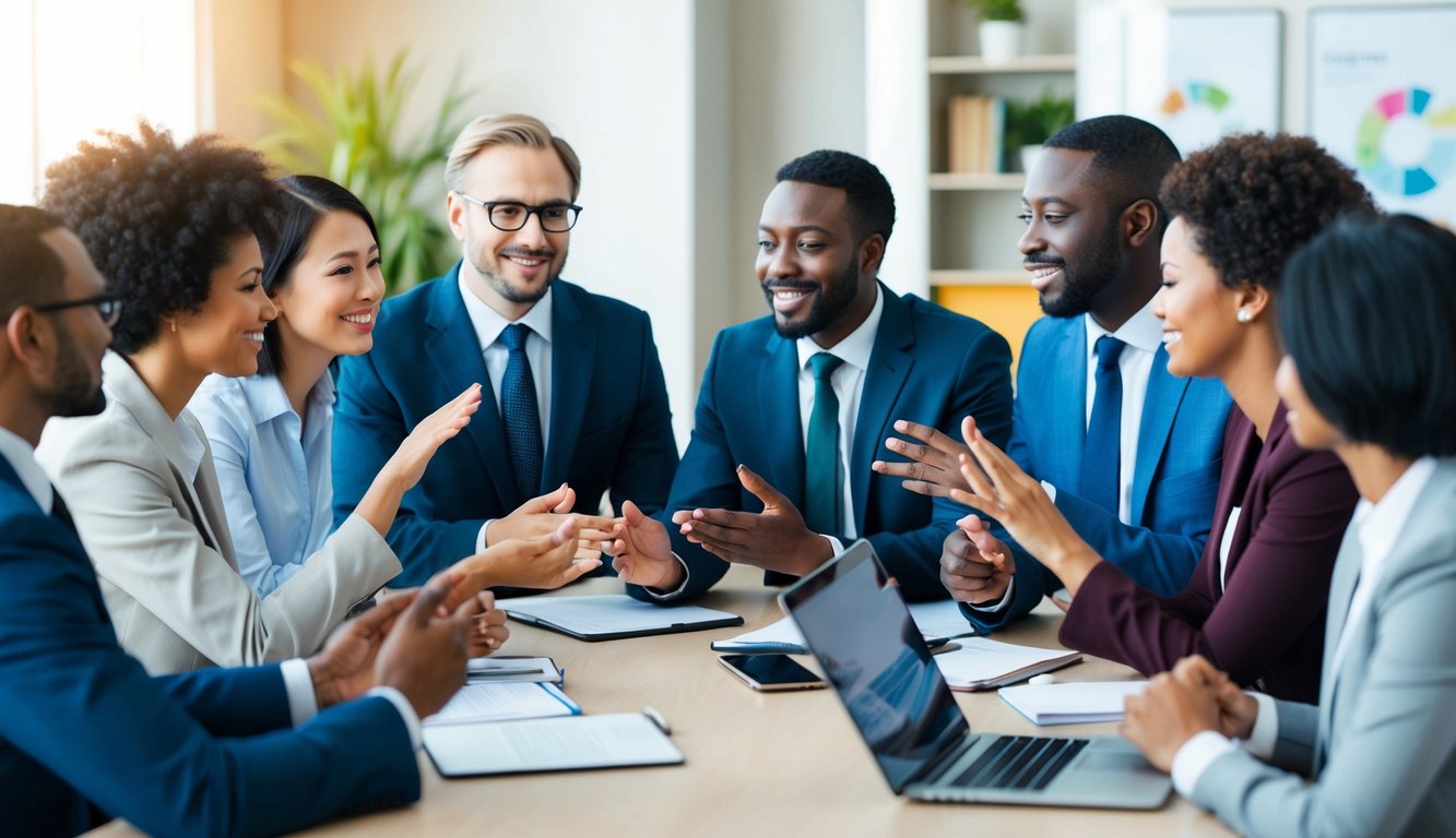 A diverse group of people engage in a dynamic exchange of ideas, gestures, and expressions, demonstrating effective cross-cultural communication in a professional setting