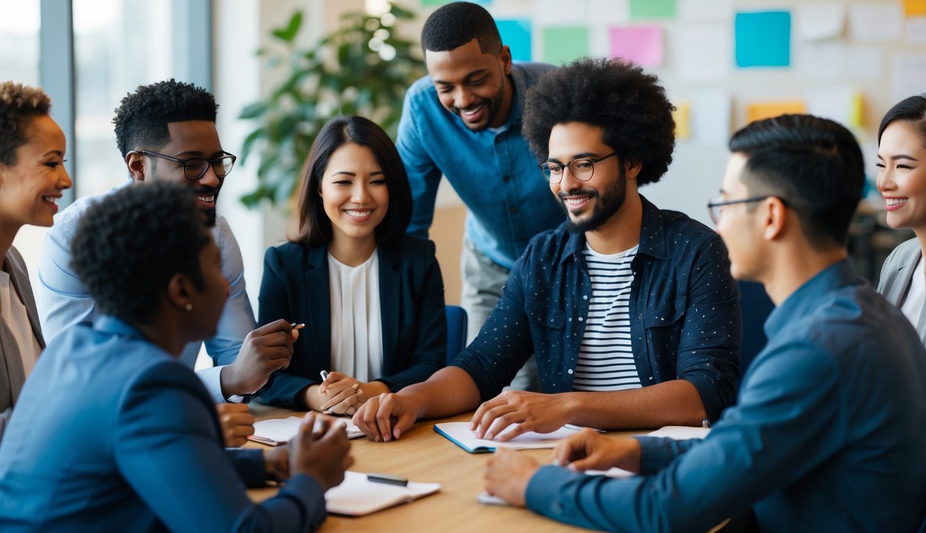 A diverse group of people from different cultural backgrounds engage in team-building activities, exchanging ideas and working together in a harmonious and inclusive environment