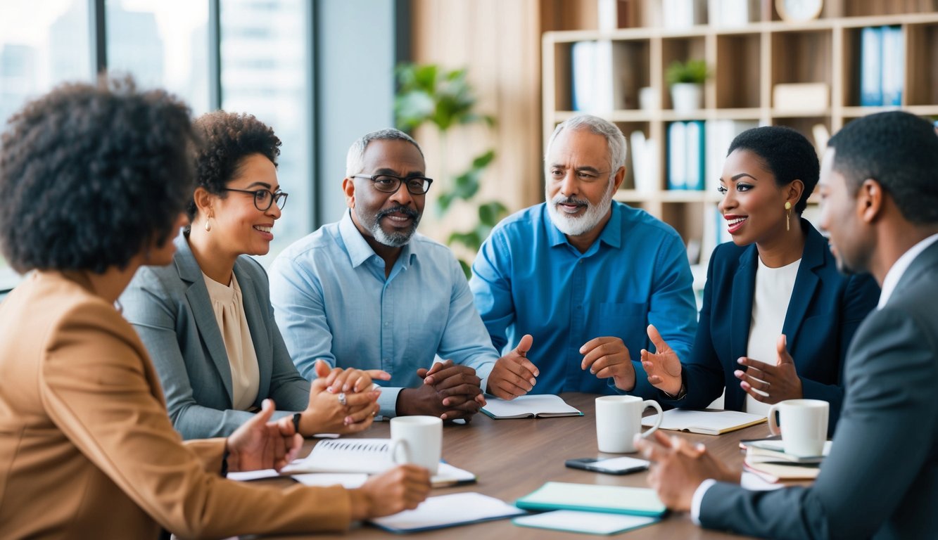 A diverse group of individuals of different ages and backgrounds engaging in open and respectful discussions, sharing ideas and collaborating on mental health leadership strategies