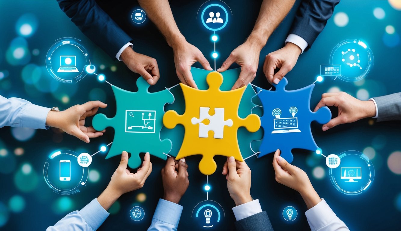 A group of diverse, interconnected puzzle pieces forming a network, surrounded by virtual communication tools and technology icons