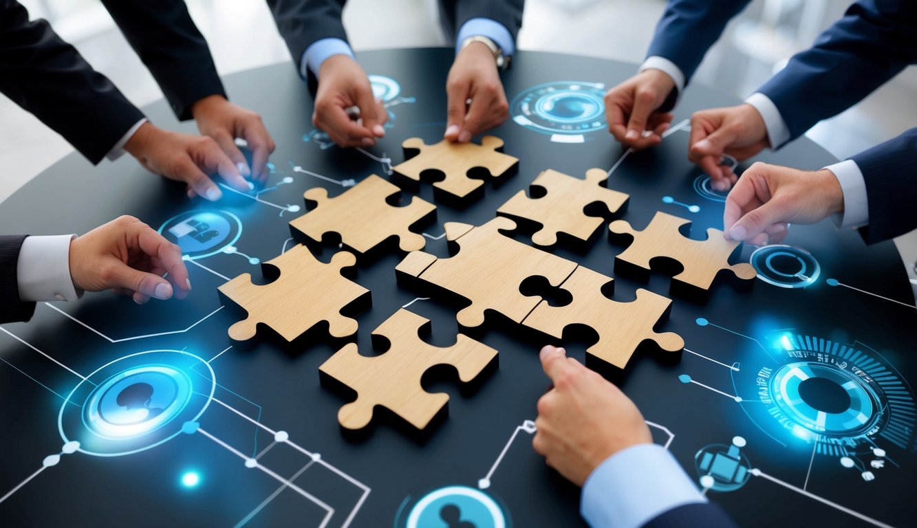 A group of interconnected puzzle pieces forming a strong foundation, surrounded by virtual communication tools and technology