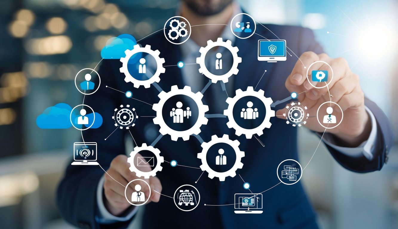 A group of interconnected gears symbolizing teamwork and communication, surrounded by virtual meeting icons and technology symbols