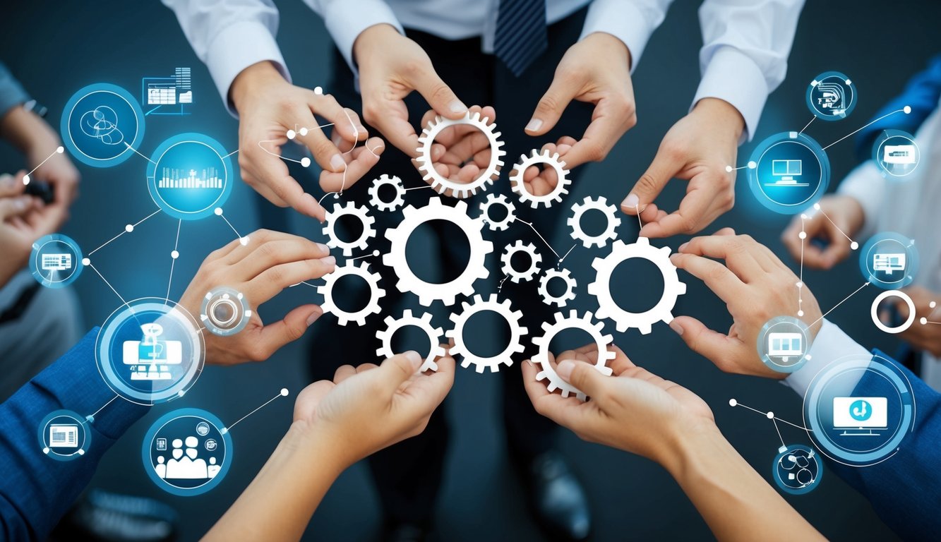 A group of interconnected gears symbolizing teamwork and development, surrounded by virtual communication tools and technology