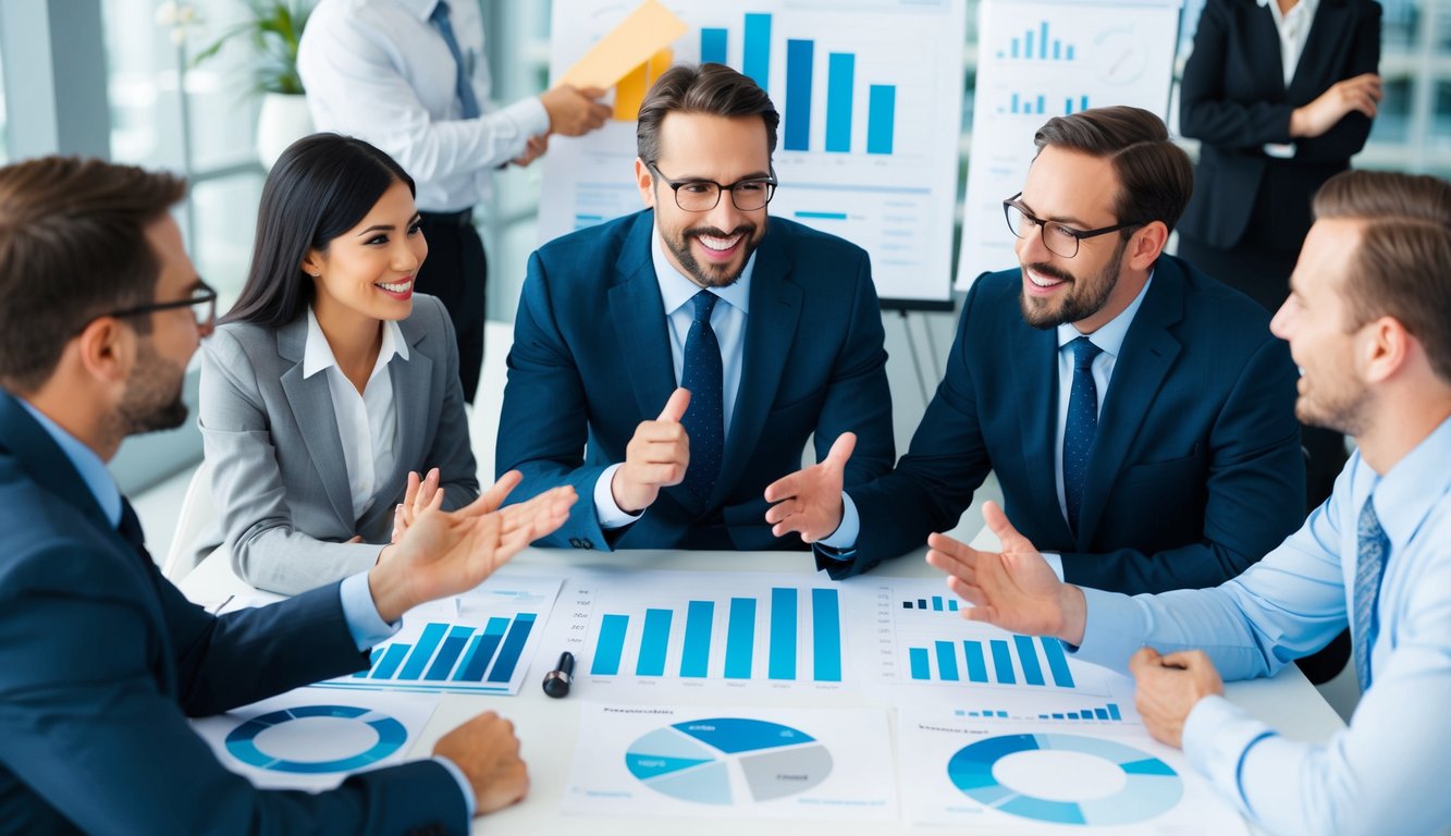 A group of business professionals engaged in animated conversation, surrounded by charts and graphs illustrating growth and success