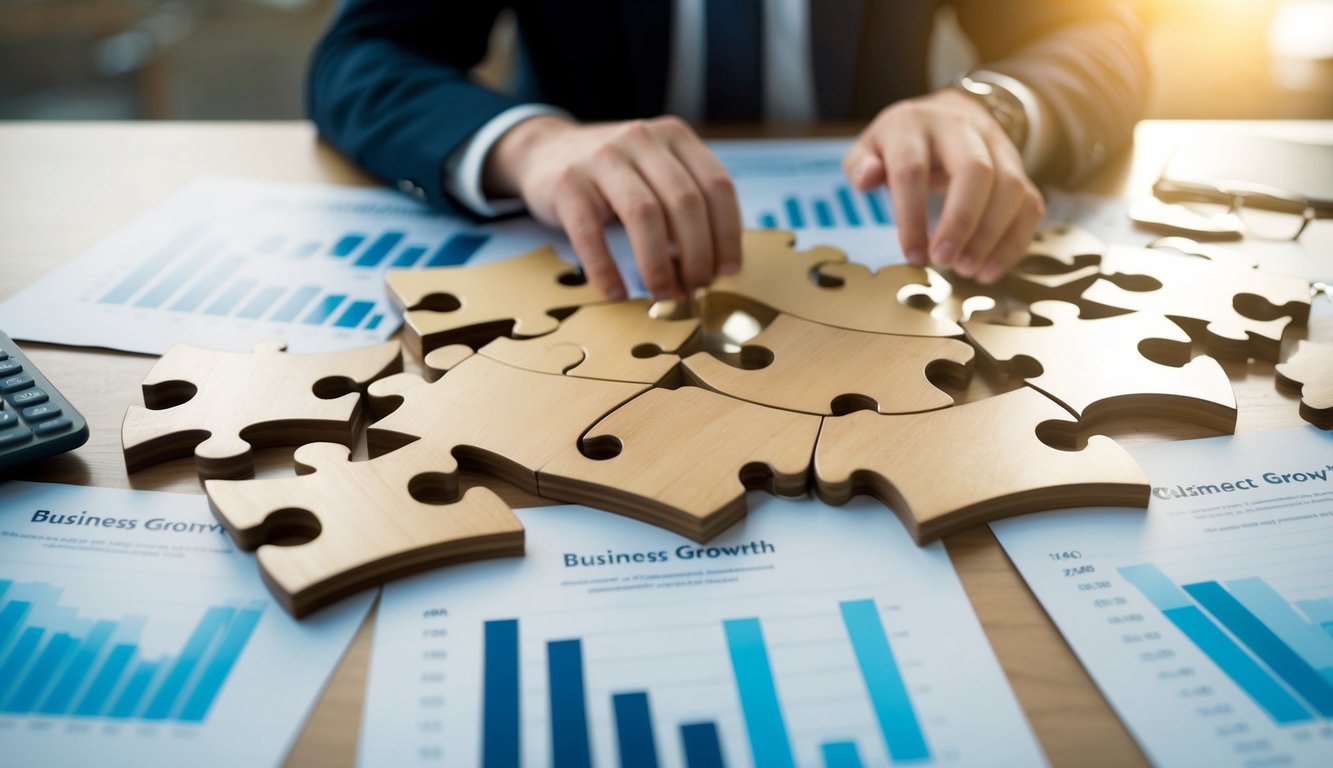 A series of interconnected puzzle pieces forming a cohesive and compelling narrative, surrounded by charts and graphs showing business growth