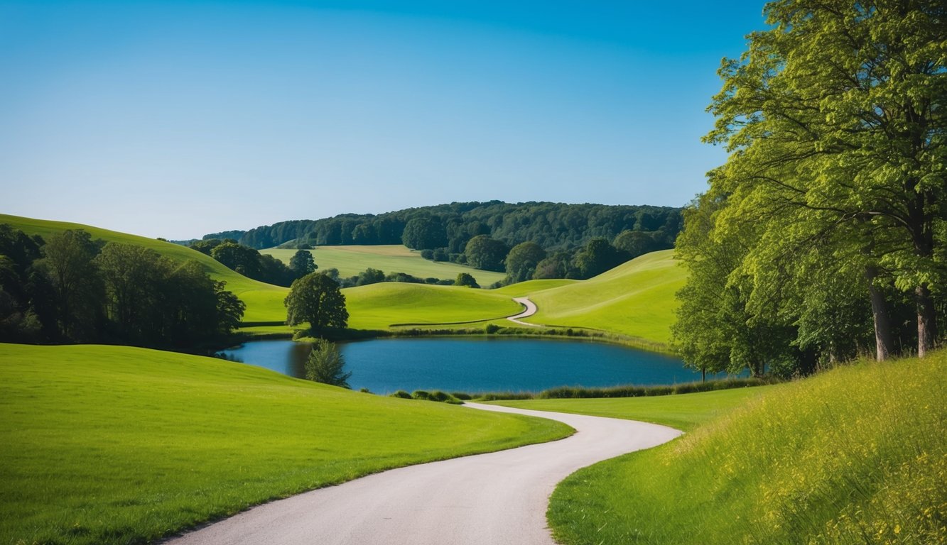 A serene landscape with a clear blue sky, rolling green hills, and a winding path leading to a tranquil lake surrounded by lush trees