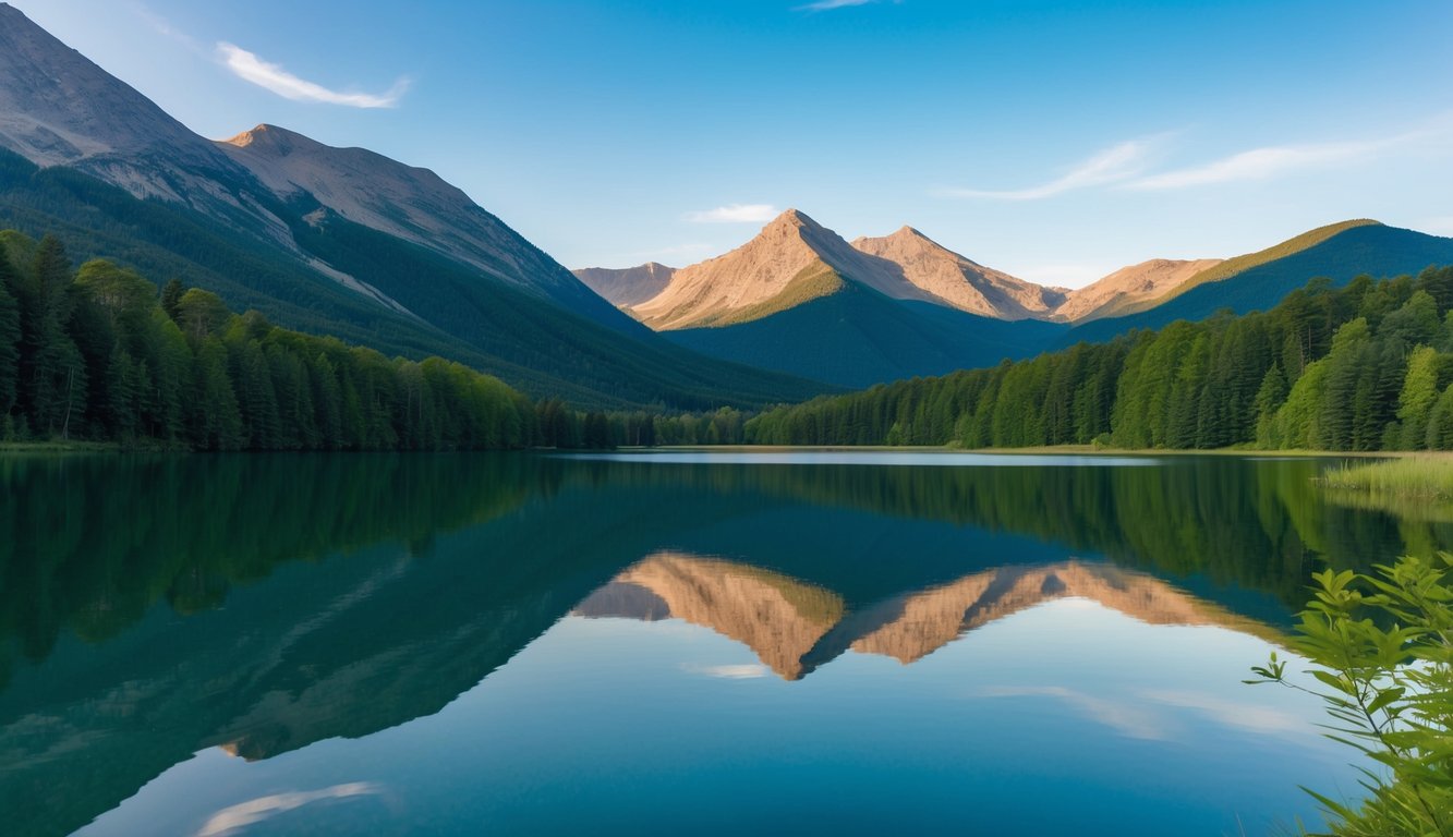 A serene mountain landscape with a calm lake, surrounded by lush greenery and a clear blue sky