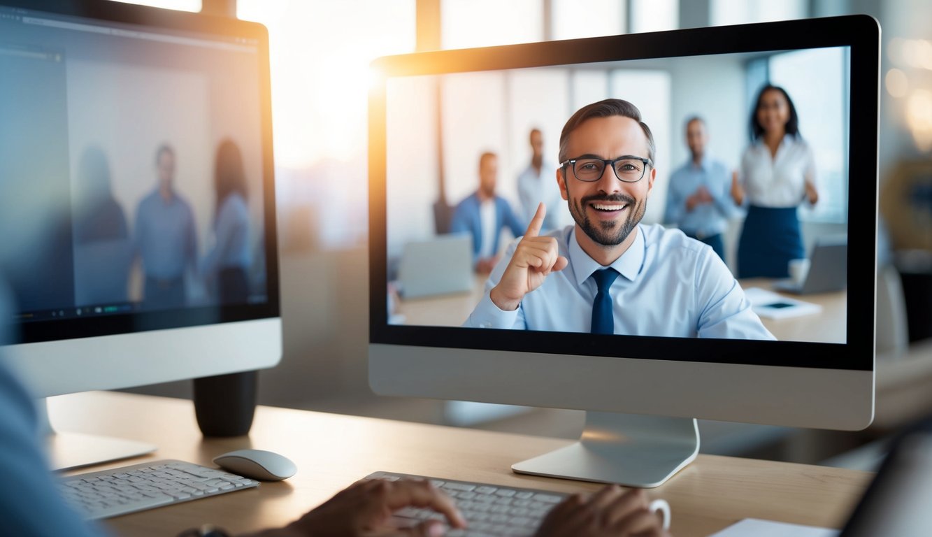 A remote leader communicates confidently through a computer screen, using expressive facial expressions and gestures to convey digital body language