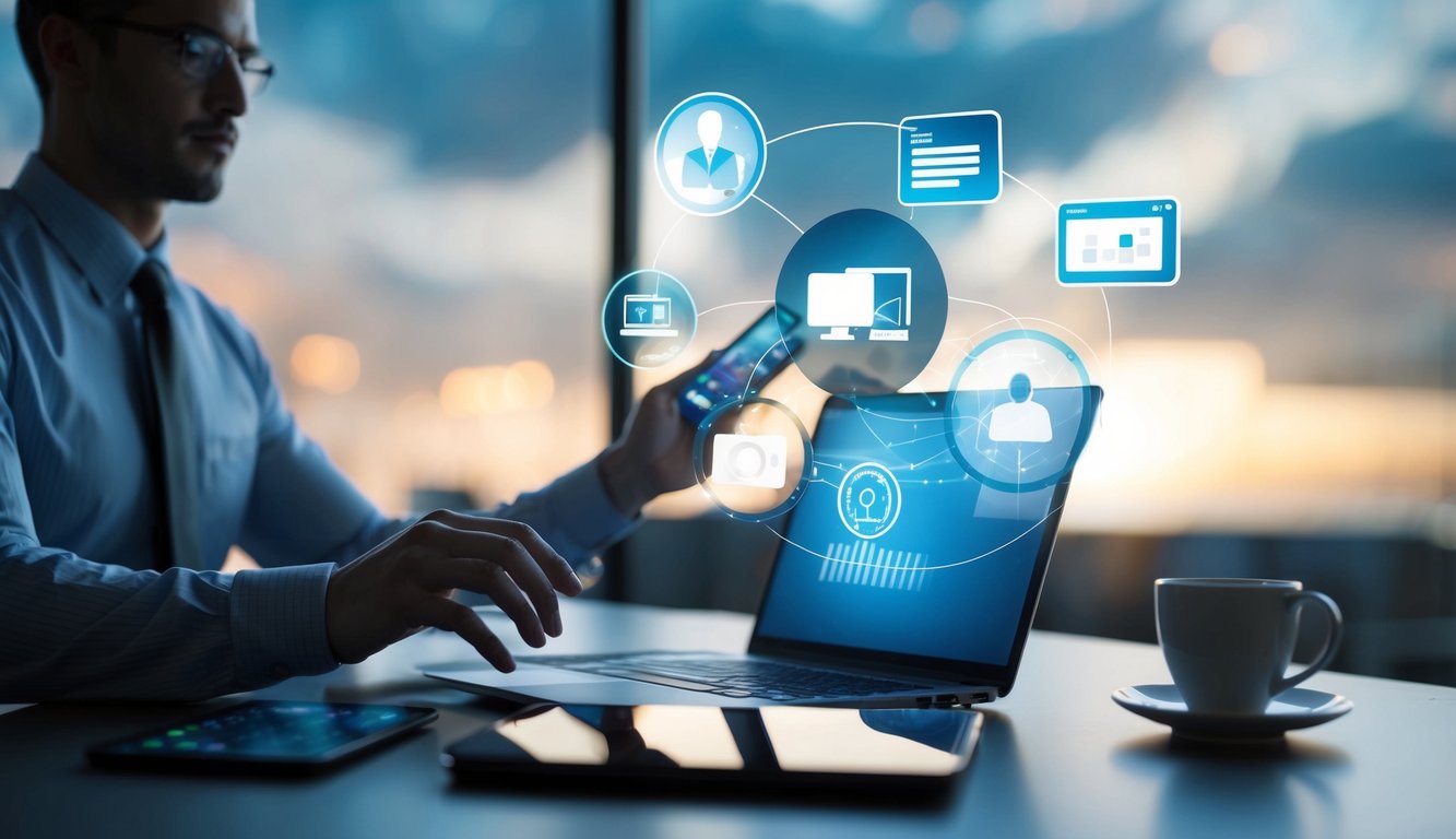 A figure using various digital devices to communicate and lead remotely