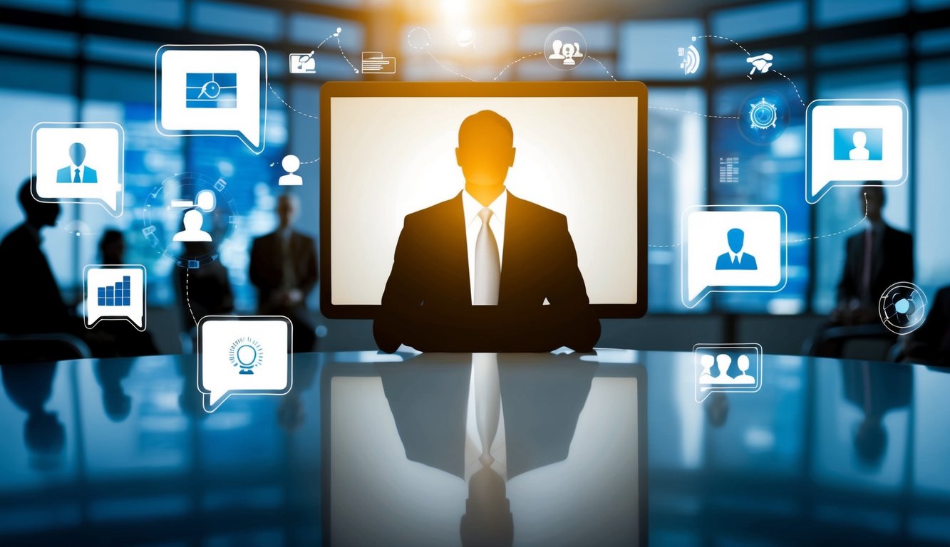 A leader's silhouette in front of a virtual meeting screen, with various digital communication icons and symbols floating around them