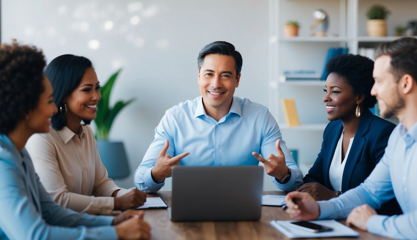 A leader on a video call, using expressive gestures and facial expressions to communicate effectively with a diverse team