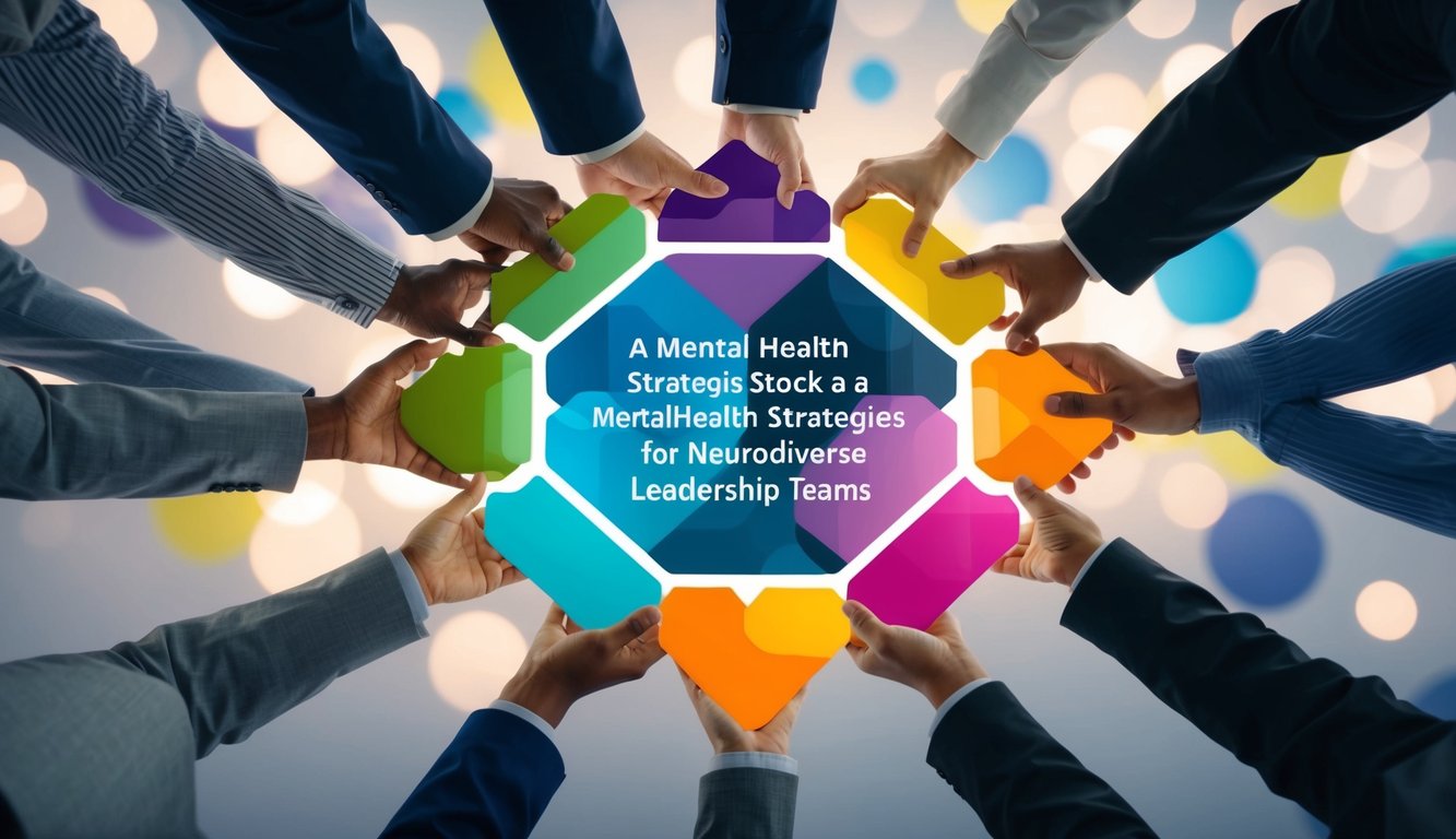 A diverse group of abstract shapes and colors forming a supportive network, symbolizing mental health strategies for neurodiverse leadership teams