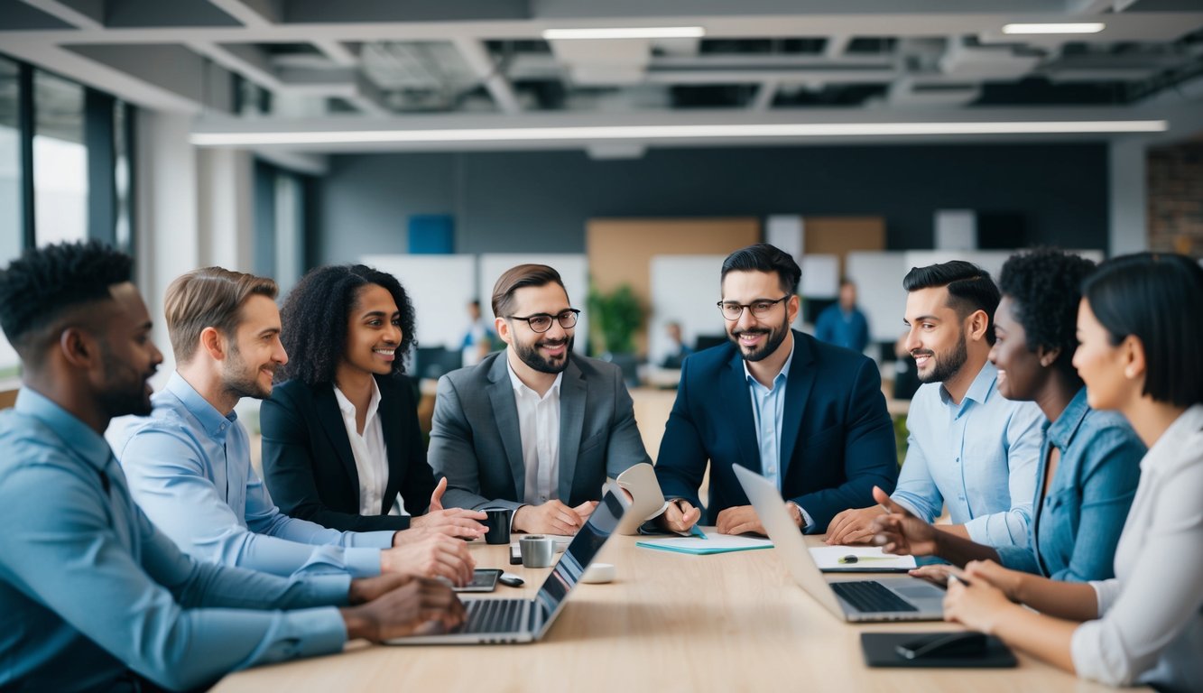 A diverse group of individuals working together, each with unique strengths and perspectives. The setting is a modern office with open communication and support