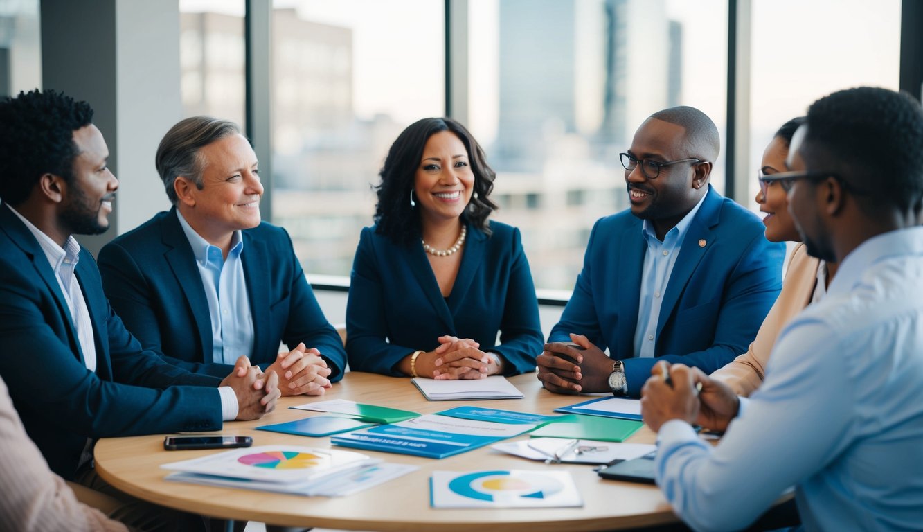 A diverse group of leaders sit around a table, engaged in a supportive and inclusive discussion. A variety of mental health resources and strategies are visible on the table