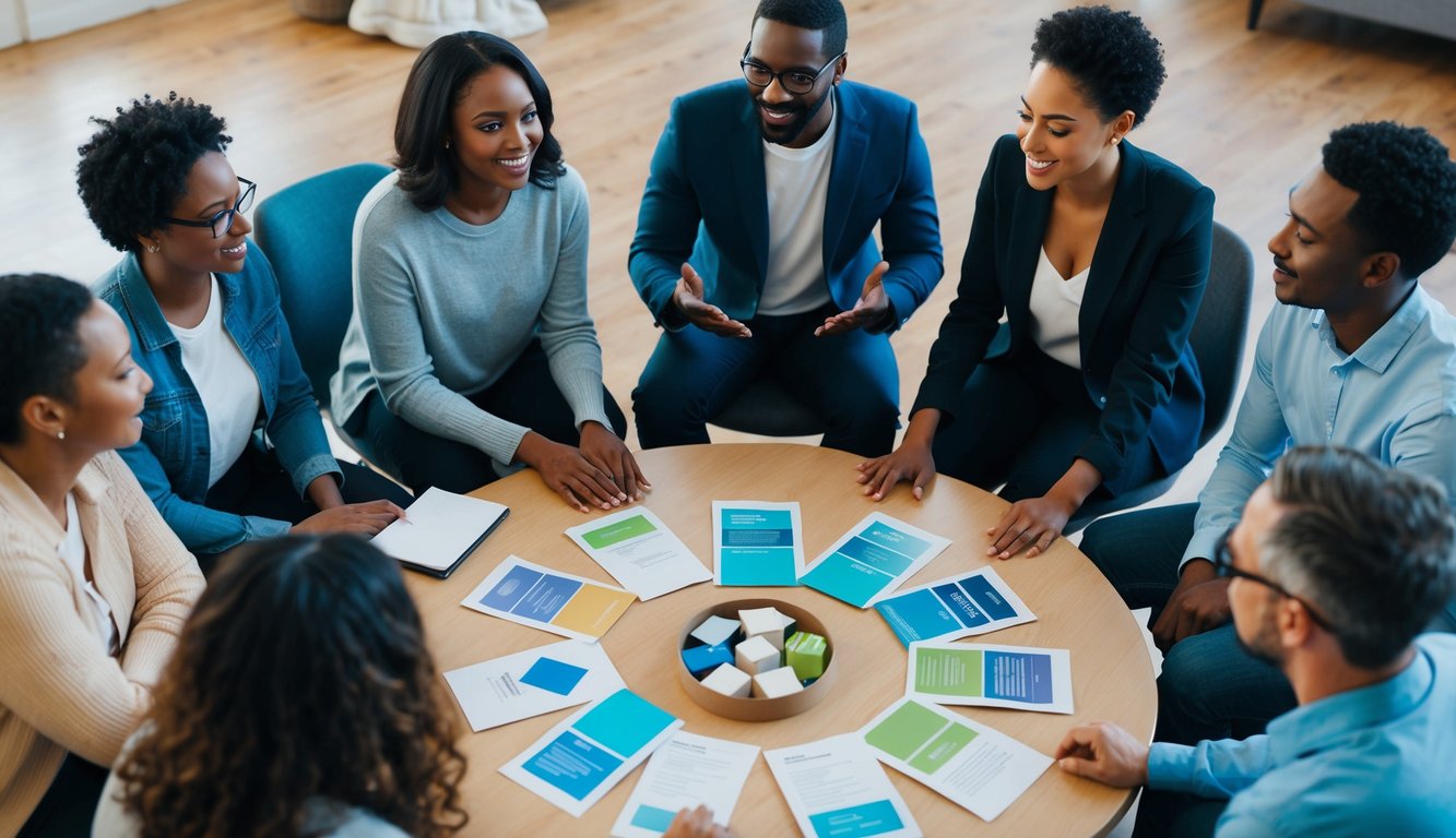 A diverse group of individuals gather in a circle, engaging in open and supportive conversation. A variety of mental health resources and support strategies are displayed on a nearby table