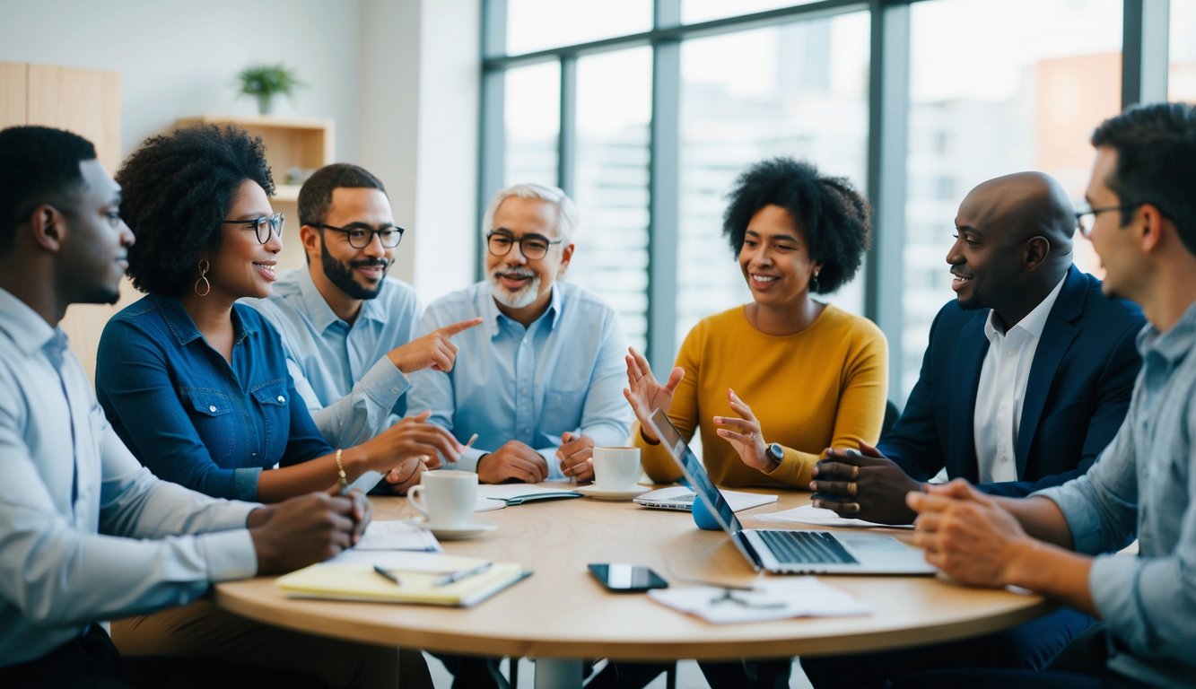 A group of diverse individuals engage in a lively discussion, each using different communication methods and styles, representing various generations