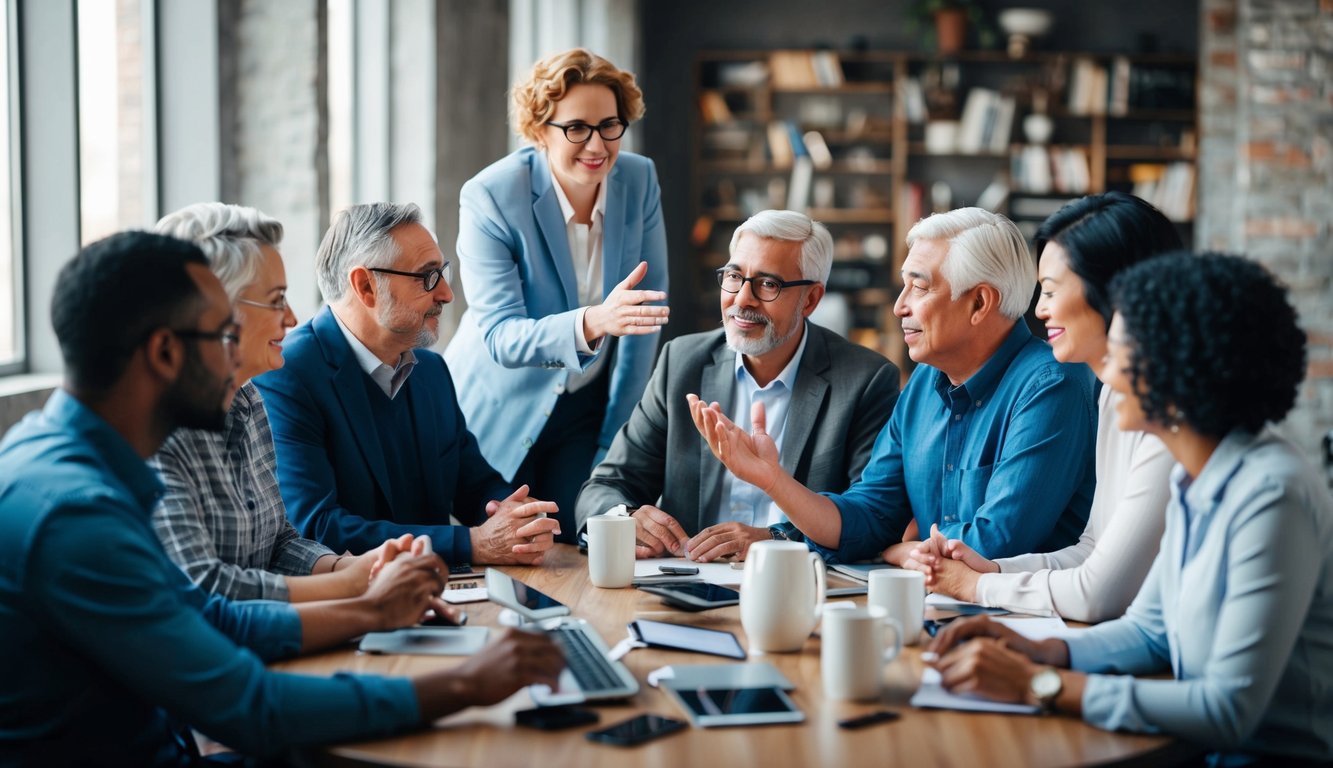 A diverse group of people of different ages engage in conversation, with a mix of traditional and modern communication tools present