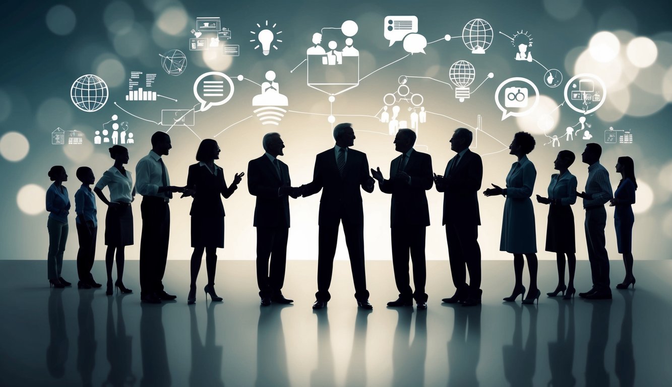 A diverse group of silhouetted figures stand in a circle, engaged in animated conversation. Different generations are represented, with various symbols of communication surrounding them