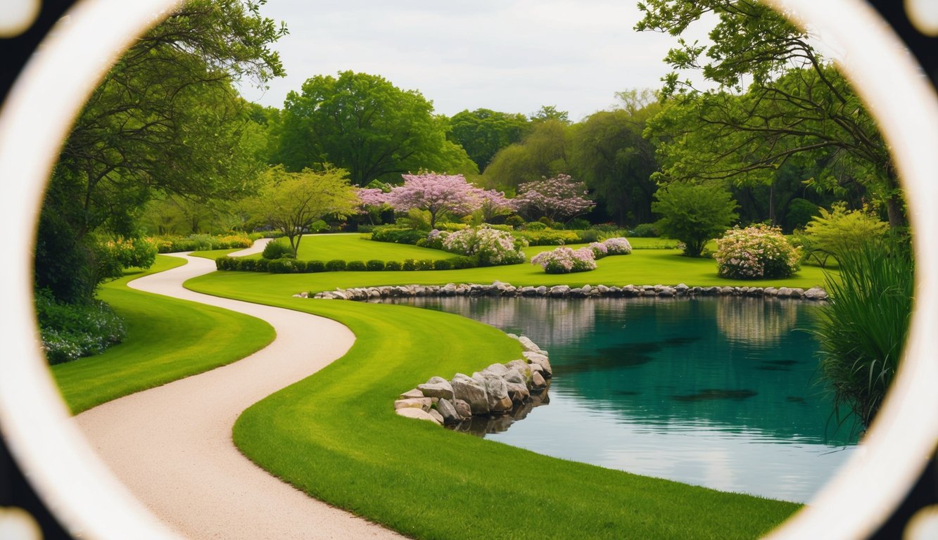 A serene landscape with a winding path through lush greenery, leading to a tranquil oasis surrounded by blooming flowers and a clear, calm body of water