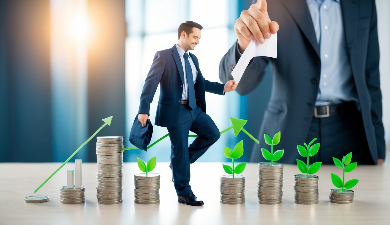 An employee shedding a uniform and stepping confidently into a new role, surrounded by symbols of entrepreneurship and growth
