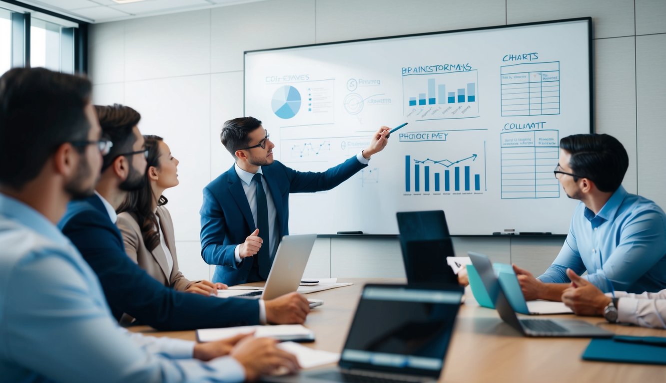 A group of workers in a conference room, brainstorming and collaborating on a whiteboard filled with charts and diagrams