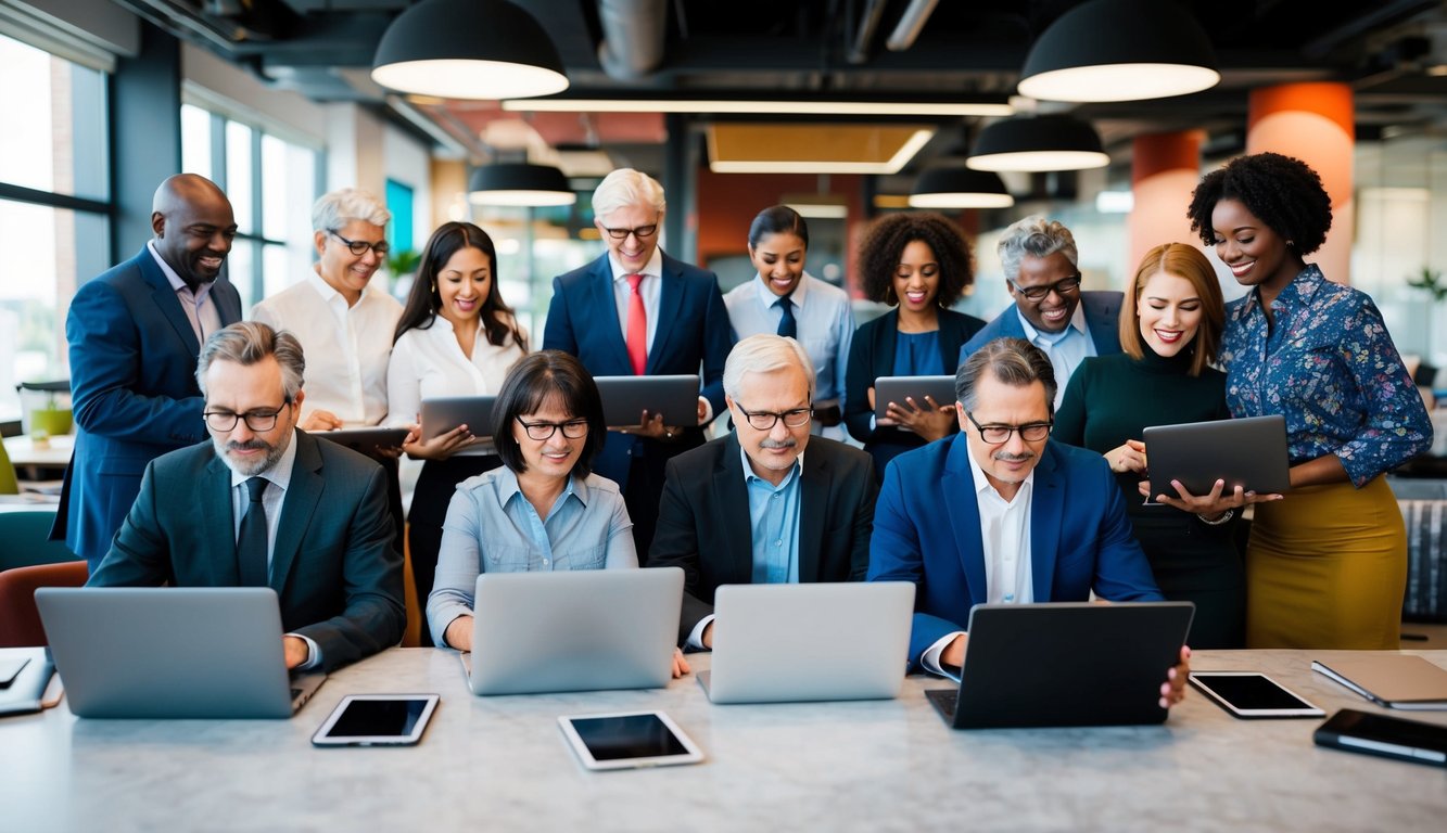 A diverse group of people of different ages working on laptops and tablets in a modern, open-concept office space with a mix of traditional and contemporary decor