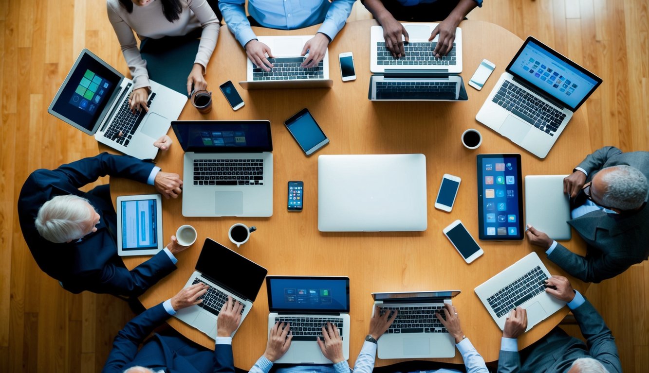 A diverse group of devices and technology, from laptops to smartphones, arranged in a circle, symbolizing different generations working remotely