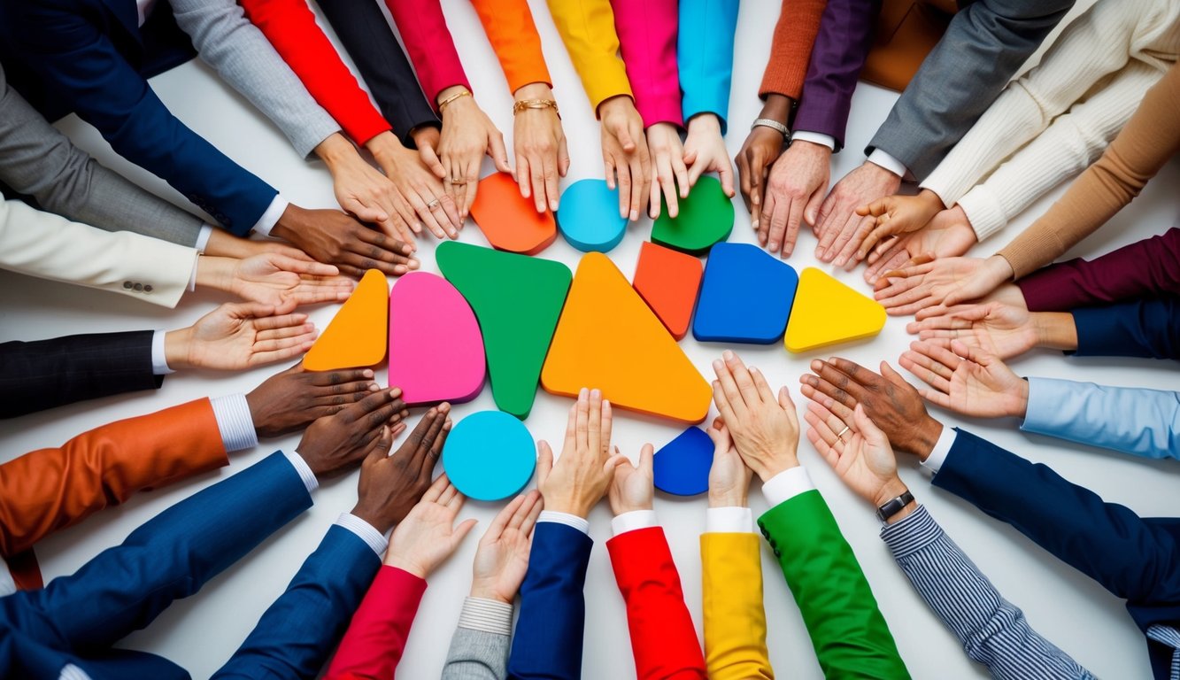 A diverse group of abstract shapes and colors coming together in a dynamic and inclusive formation