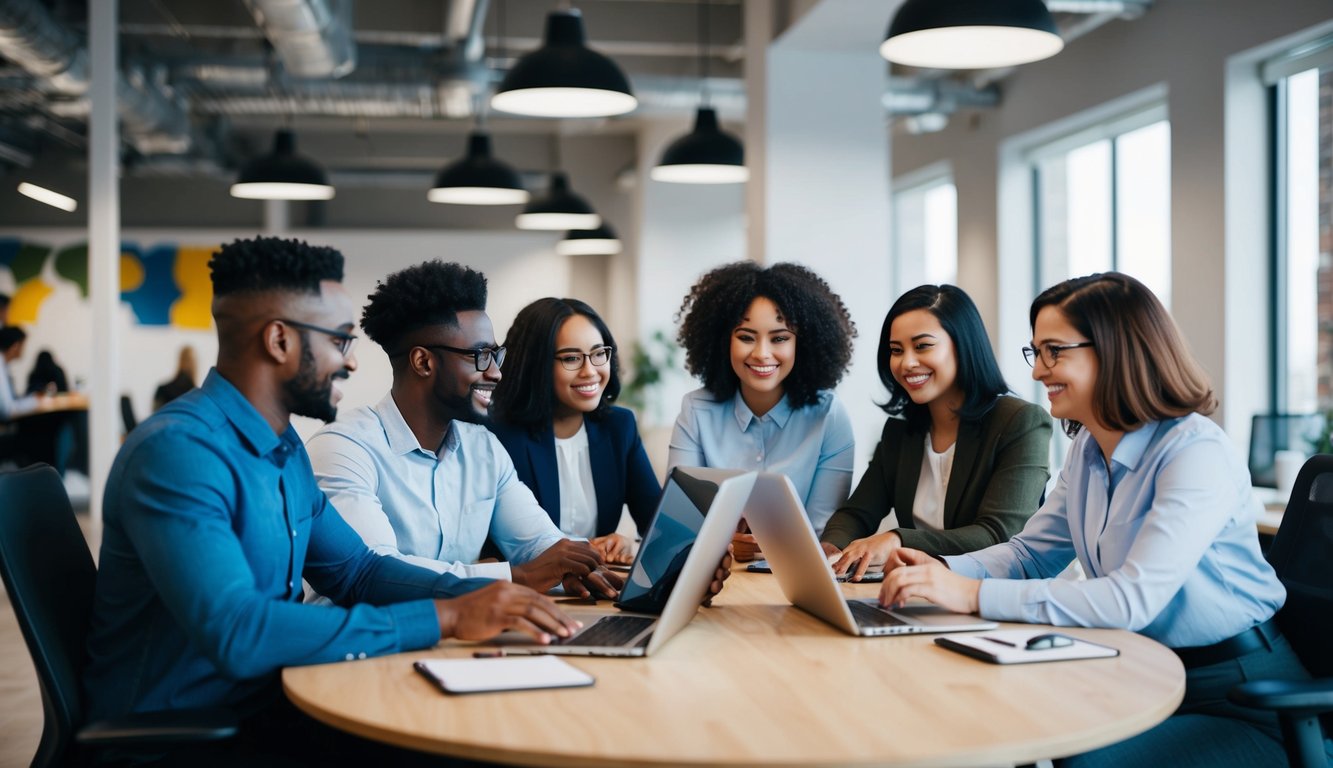 A diverse group of individuals working together in an open and inclusive office environment, collaborating and supporting each other