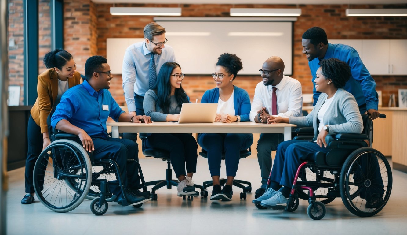 A diverse group of individuals with different abilities working together in a collaborative and inclusive environment