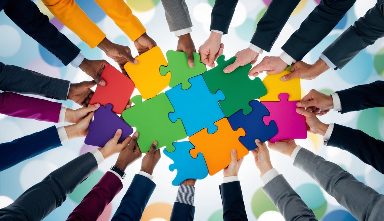 A diverse group of abstract shapes and colors coming together in a dynamic and inclusive pattern, symbolizing productivity and teamwork in a neurodiverse workplace