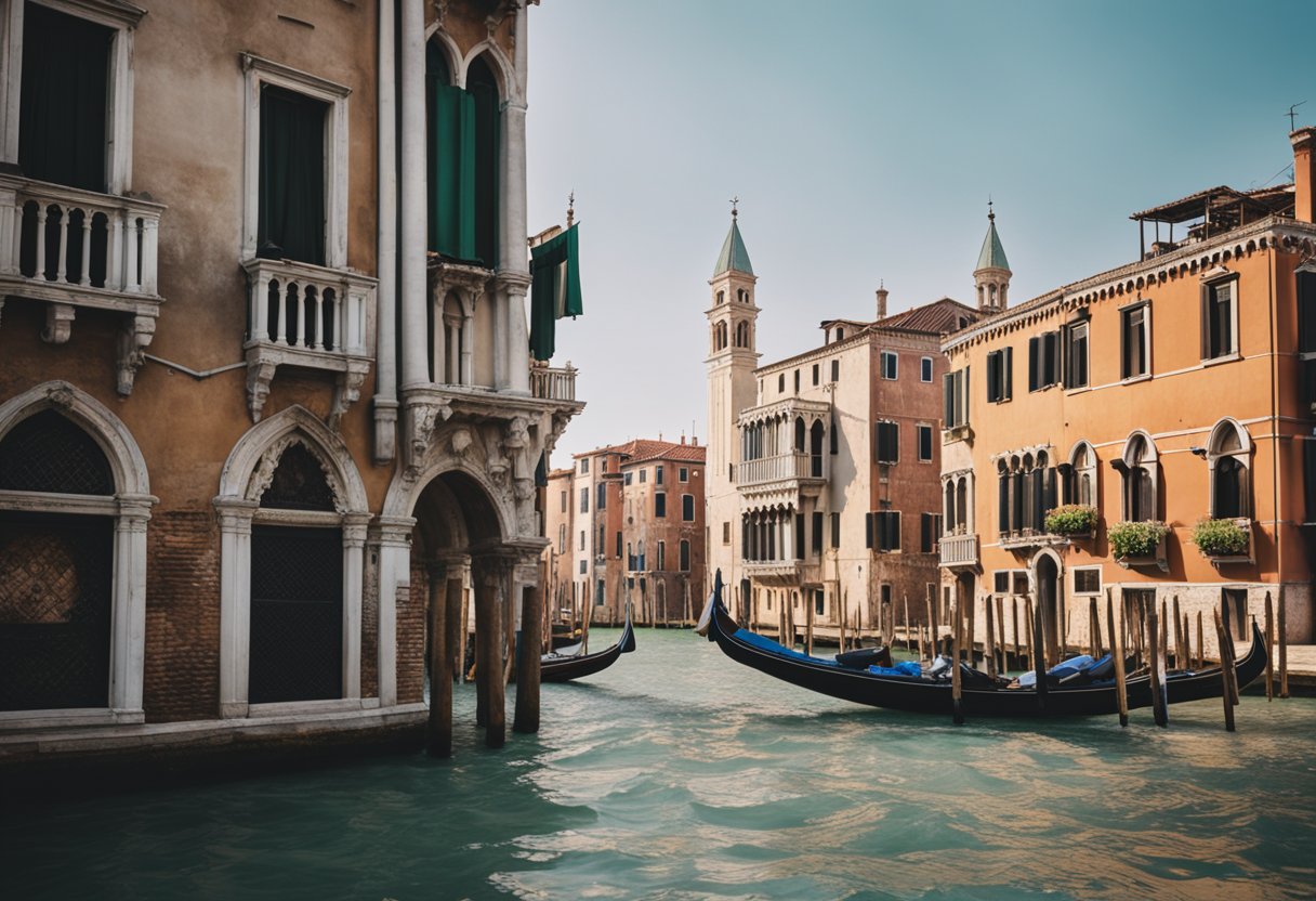 Venice rises from the water, with intricate canals winding through ancient buildings and colorful gondolas gliding along the serene waterways