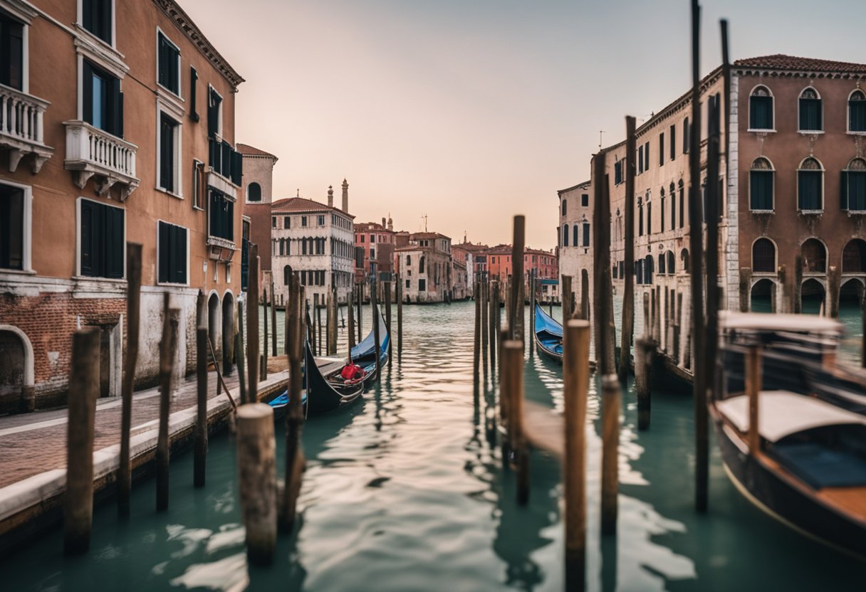 Venice built on wooden piles in lagoon. Brick and marble used for buildings. Canals and bridges connect the city