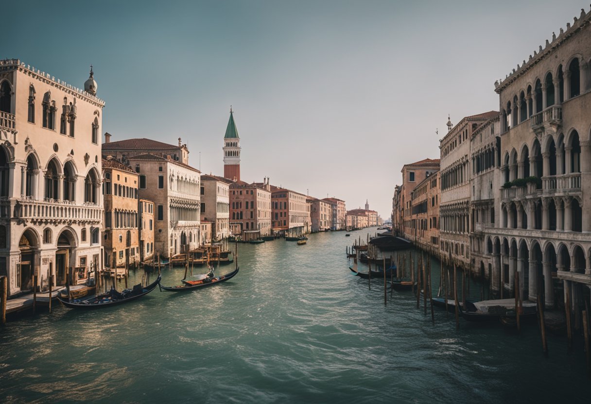 Venice rising from the water, with intricate canals and grand palaces, influenced by diverse cultures and political power