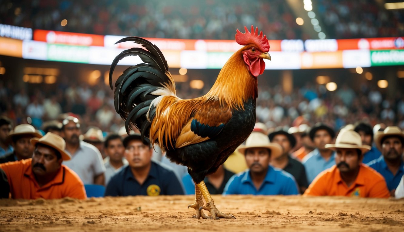 Seekor ayam jantan berdiri dengan bangga di arena sabung ayam online yang ramai, sementara para penonton dengan antusias menganalisis pertandingan yang akan datang.