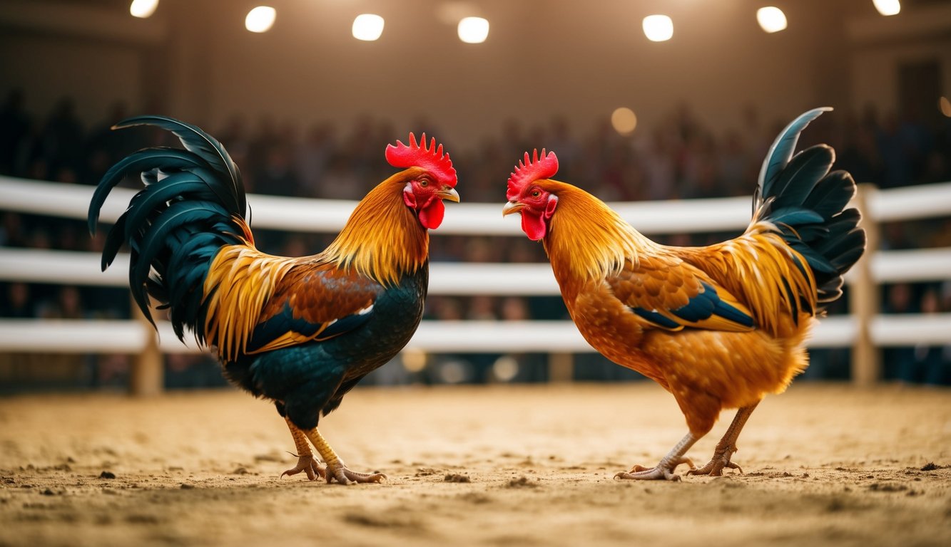 Seekor ayam jantan dan ayam betina berhadapan di arena sabung ayam daring, dengan layanan pelanggan tersedia 24/7