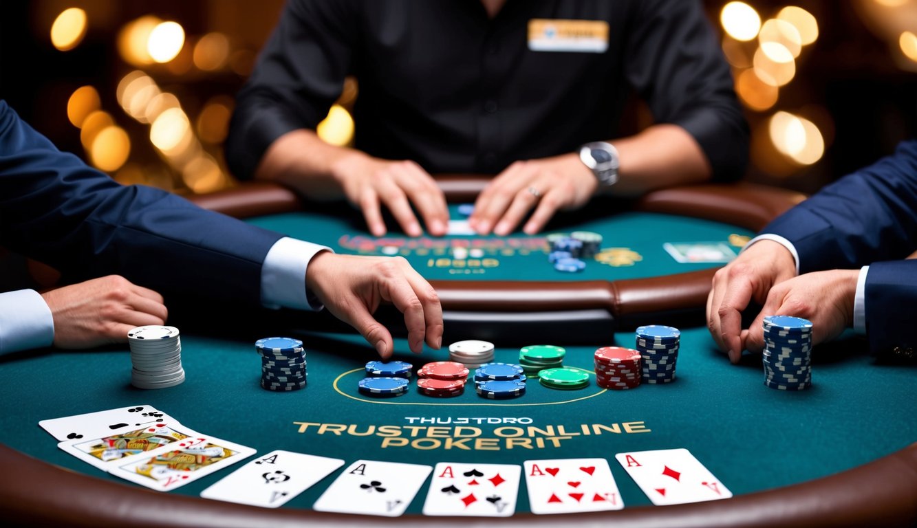 Sebuah meja dengan berbagai permainan kartu, chip, dan seorang dealer di situs poker online terpercaya