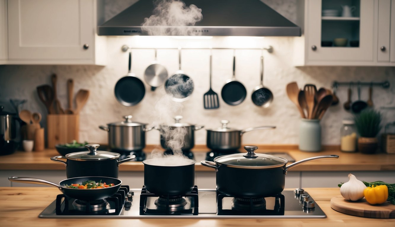 Dapur yang nyaman dengan panci dan wajan di kompor, uap naik dari panci yang mendidih, dan bahan-bahan segar di meja.