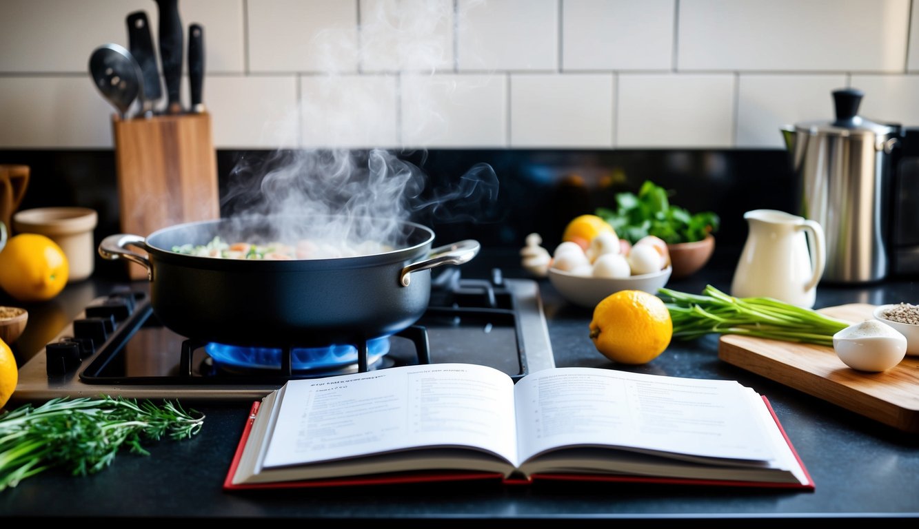 Sebuah meja dapur dengan berbagai bahan dan peralatan memasak yang tersebar di sekitarnya. Sebuah panci mendidih di atas kompor, mengeluarkan uap. Sebuah buku masak terbuka pada sebuah resep.