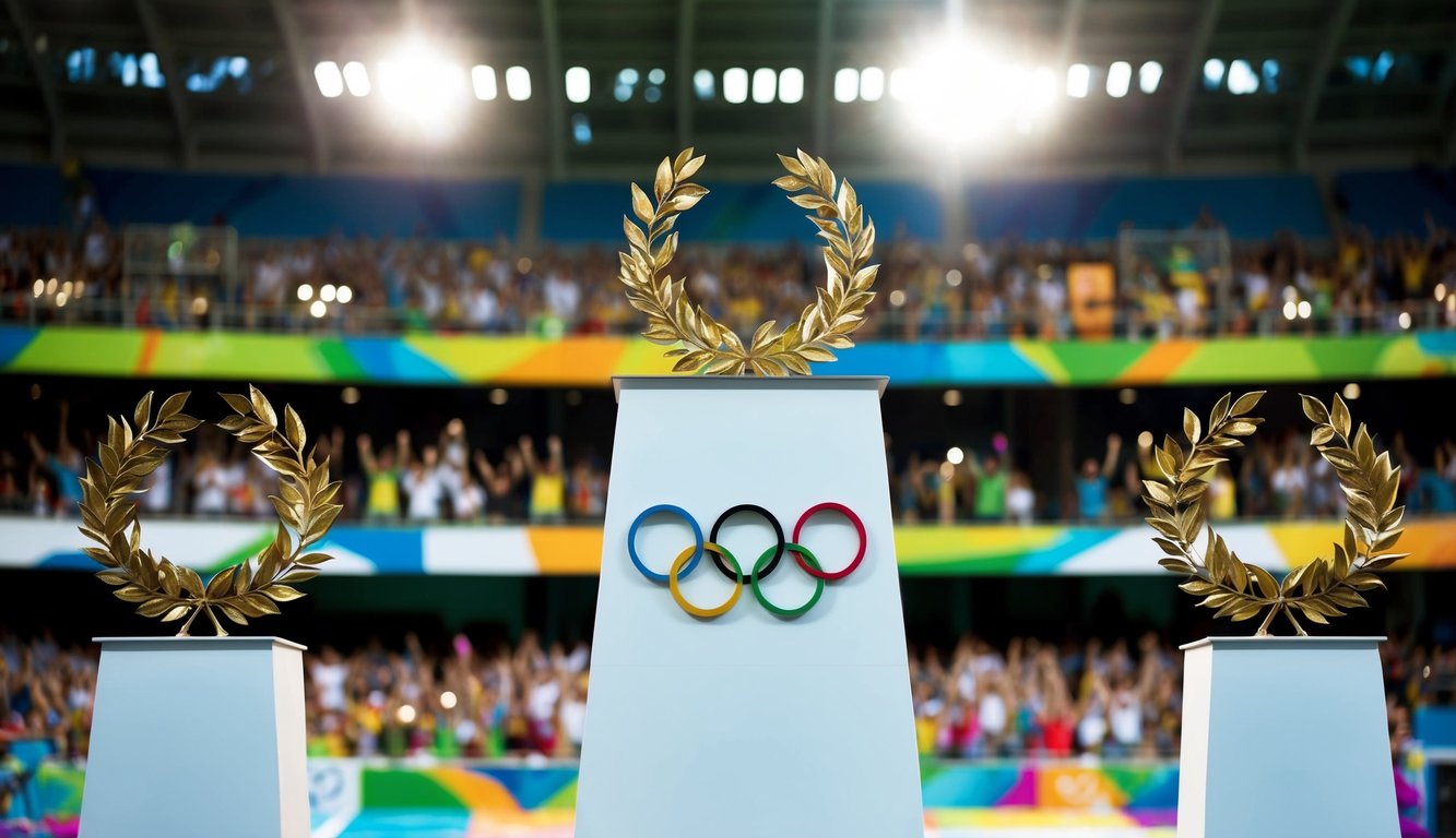 Sebuah podium dengan tiga tingkat yang meningkat, dihiasi dengan karangan bunga laurel dan cincin Olimpik, di latar belakang stadion yang dipenuhi dengan penonton yang bersorak.